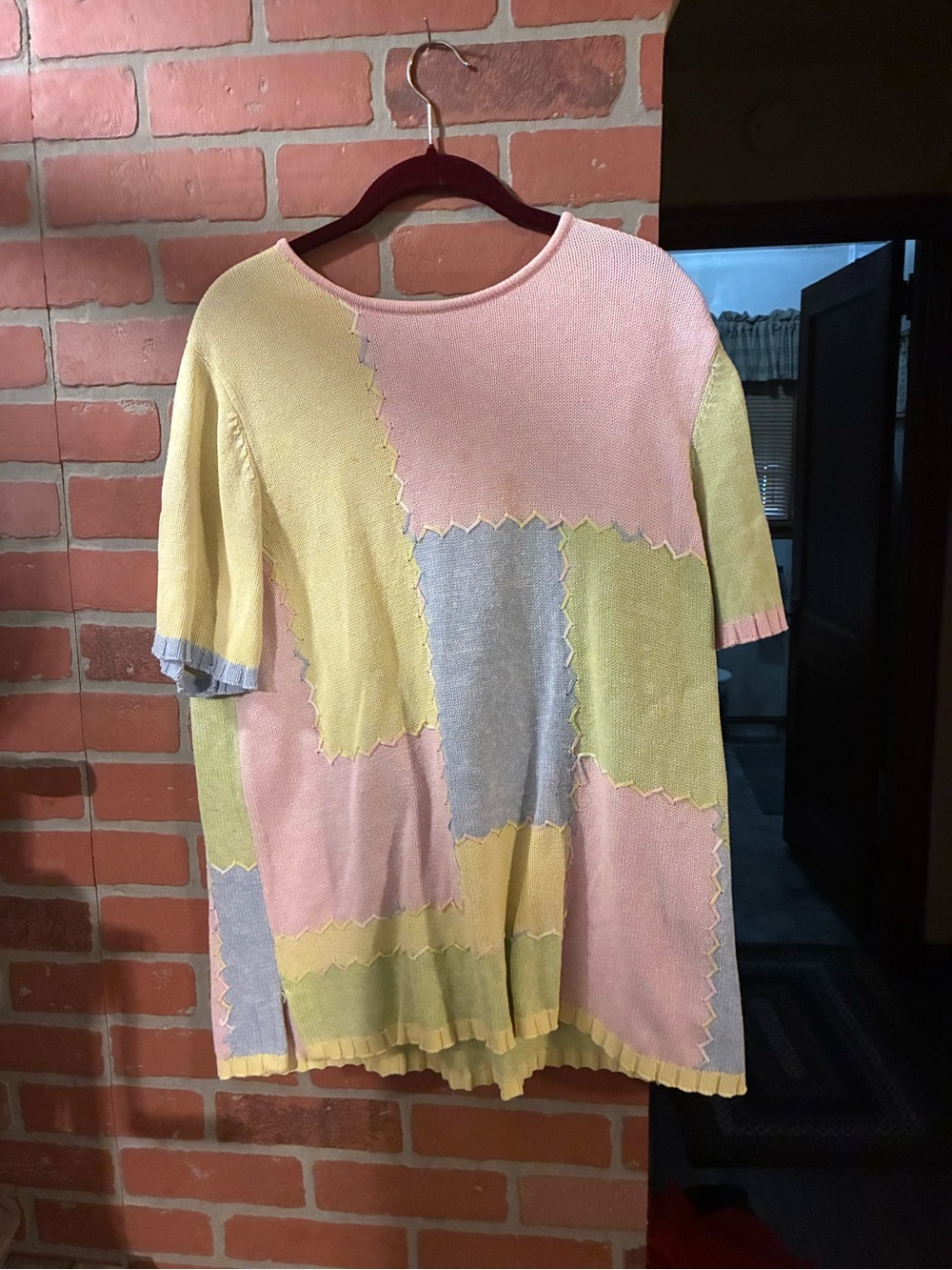 CJ Banks Pastel Patchwork Crewneck Sweater - Pink, Yellow, Light Blue